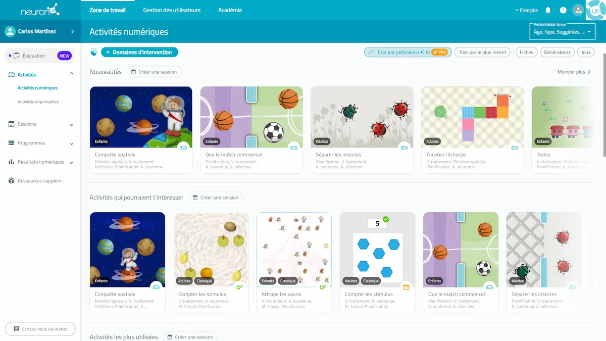 Interface de la plateforme NeuronUP en France
