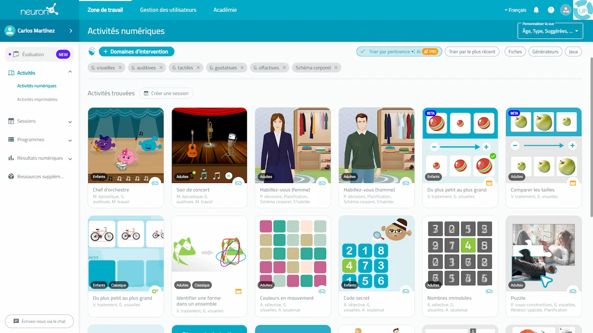 Interface de la plateforme NeuronUP. Activités pour travailler sur la gnosie.