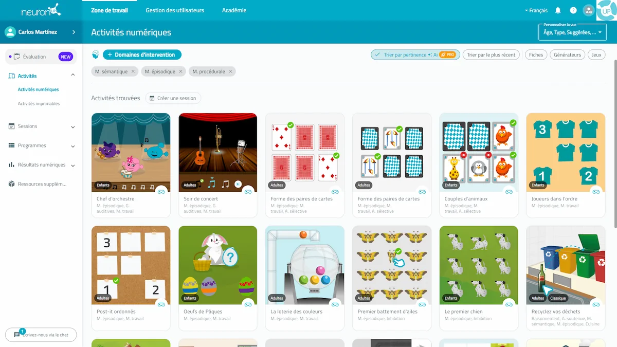 Interface de la plateforme NeuronUP. Activités pour travailler sur la memoire