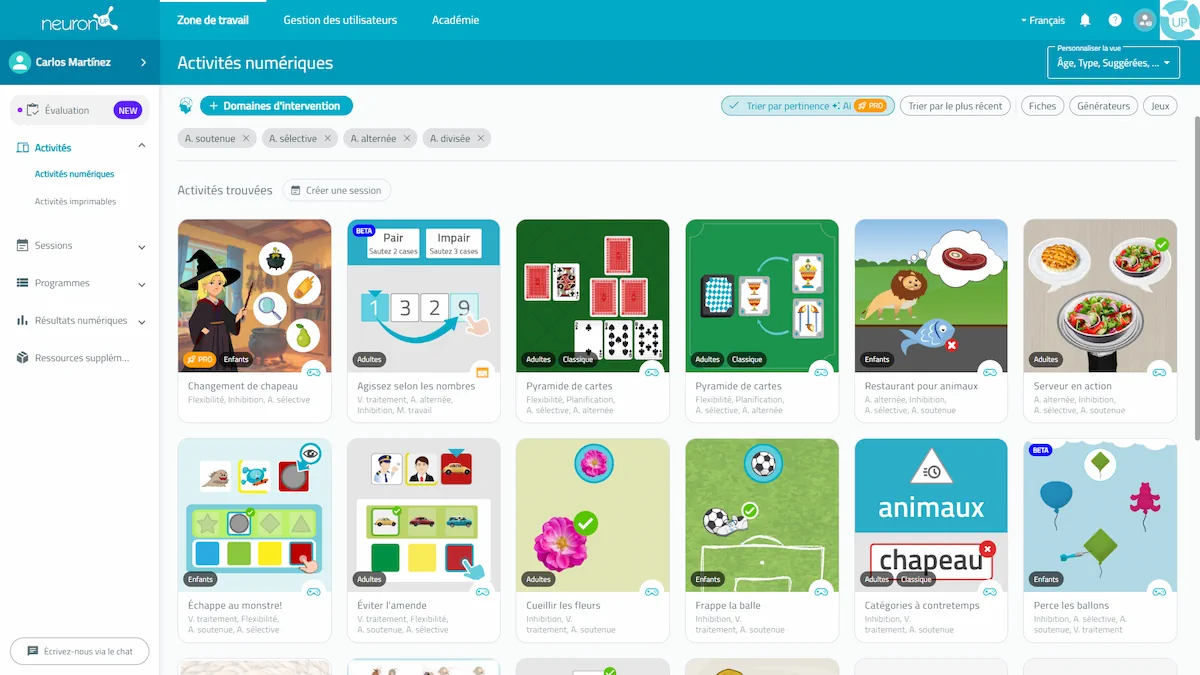 Interface de la plateforme NeuronUP. Activités pour travailler sur l' Attention.
