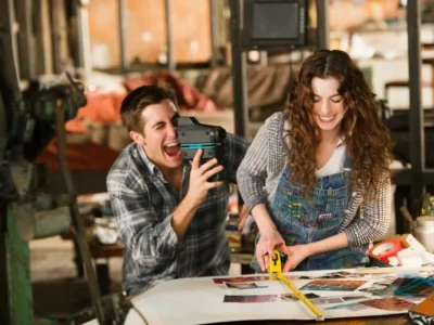 Deux personnes travaillant dans un atelier créatif : l'une filme avec une caméra et l'autre découpe du papier, toutes deux souriantes.