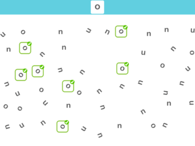 Grille de lettres tournées dans différentes orientations, avec un O au centre et des lettres n autour, pour travailler la prélecture.