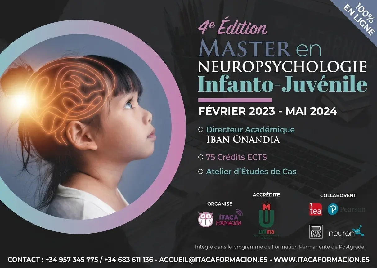 Affiche promotionnelle de la 4e édition en ligne du master en neuropsychologie de l’enfant et de l’adolescent, avec un cerveau et la silhouette d’une fille.
