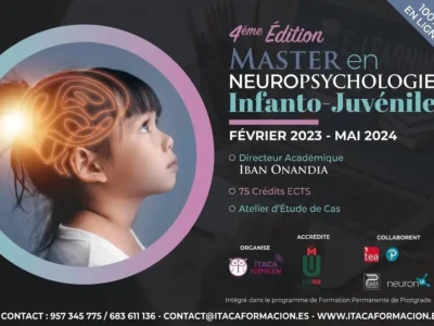 Affiche promotionnelle d’un master en neuropsychologie de l’enfant et de l’adolescent avec une iconographie éducative, une silhouette d’enfant et un cerveau.