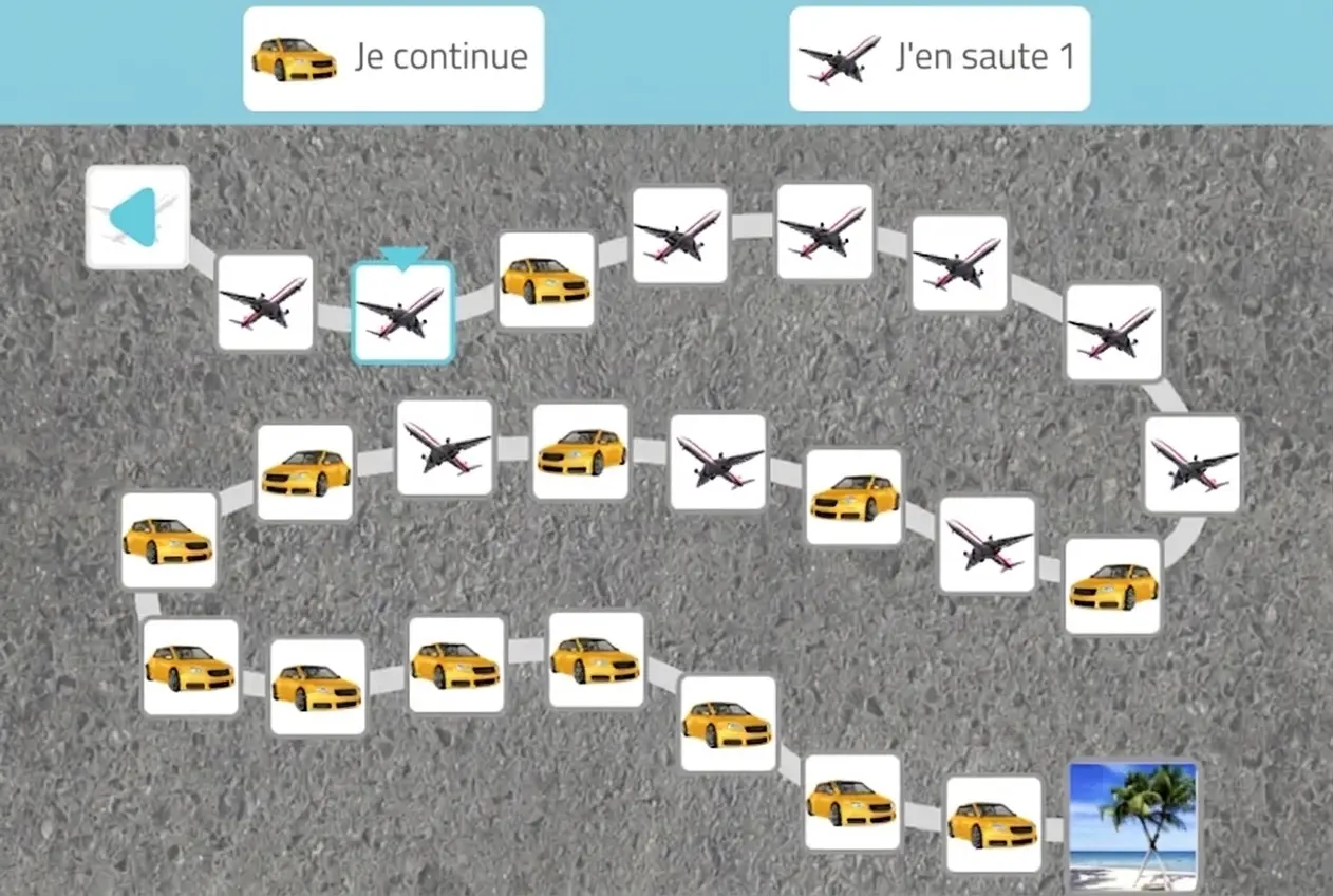 Chemin d’icônes dans un jeu de déplacements selon des normes : avions et voitures jaunes, Continué et J’ai sauté 1, plage à l’arrivée.