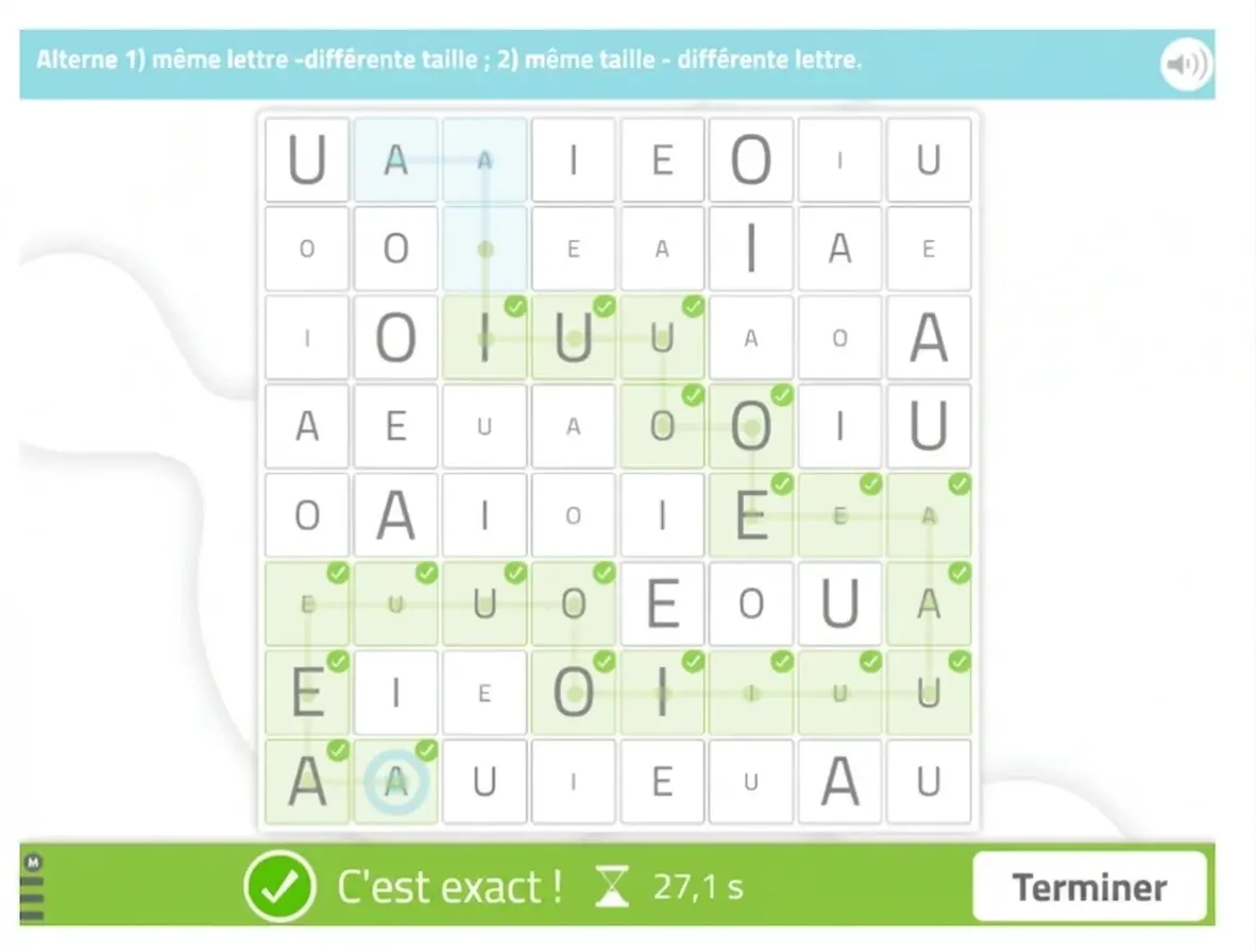 Labyrinthe quadrillé avec les lettres A, E, I, O, U réparties ; flèches et consignes alternées pour le résoudre, chronomètre et message de réussite.
