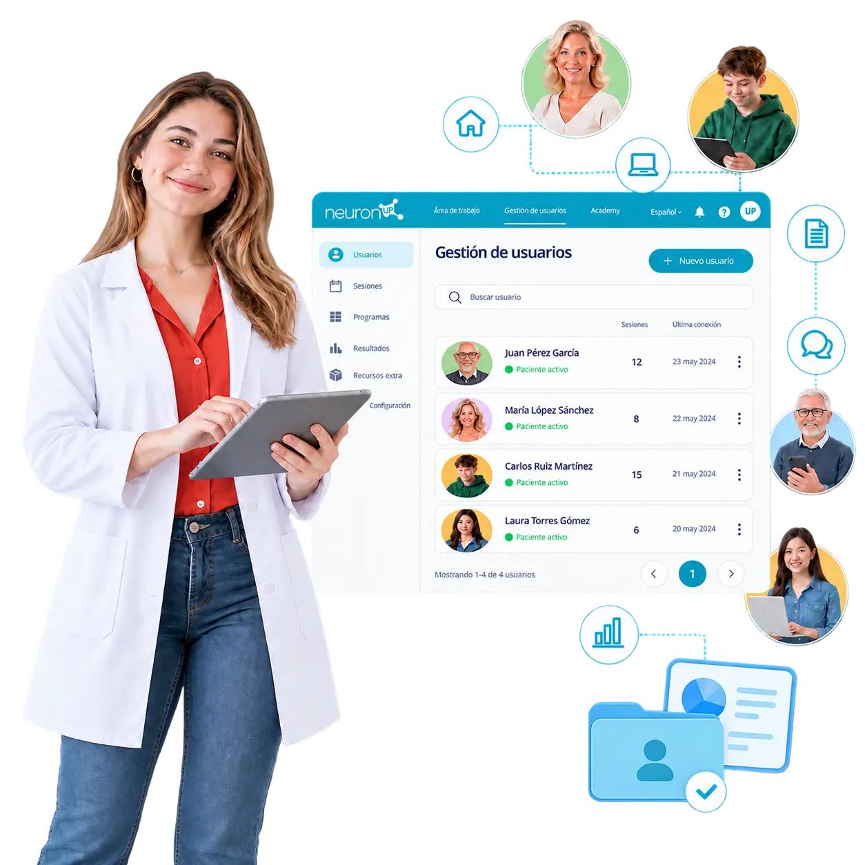 Professionnel en blouse blanche tenant une tablette à côté de l’écran Gestion des utilisateurs de NeuronUP, entouré de profils d’utilisateurs de différents âges.