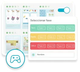 Interface de jeu éducatif avec miniatures des niveaux, sélecteur de phase et de difficulté ; icône du jeu en bas.