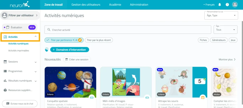 Accédez à « Activités » – NeuronUP