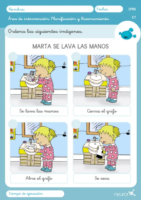 Sequenza di quattro vignette: Marta si lava le mani, chiude il rubinetto, prende acqua nel palmo e si asciuga; focus sulla pianificazione.