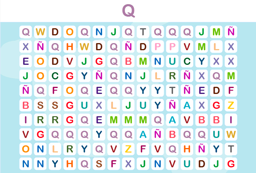 Griglia di lettere in stile ricerca di parole con distribuzione casuale in righe e colonne; la lettera Q è evidenziata nella parte superiore su sfondo chiaro.