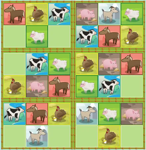 Quattro quadranti con paesaggi rurali e riquadri della fattoria che mostrano mucche, maiali, pecore, cavalli e galline.