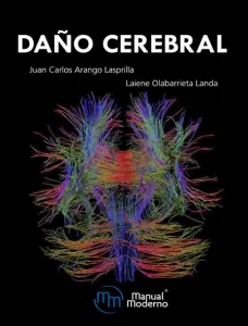 Copertina del libro Danno Cerebrale, con grafici delle connessioni neuronali e il logo Manual Moderno.