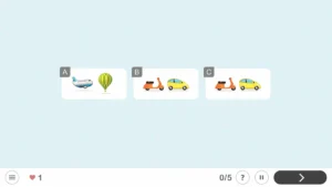 Discriminazione visiva con tre opzioni di trasporto in emoji: A aereo/pallone, B scooter/auto, C scooter/auto; e 0/5.