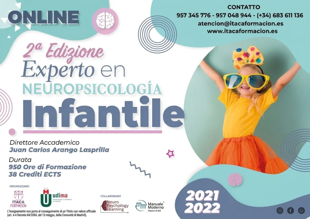 Banner colorato di Neuropsicologia Infantile per corso online di ITACA Formación, con direttore accademico e crediti.