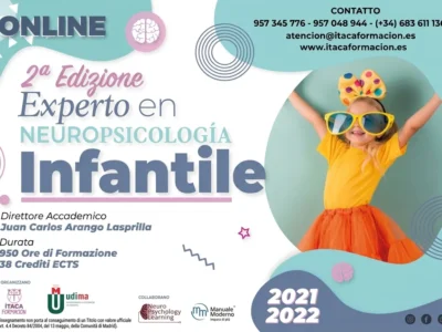 Banner colorato di neuropsicologia infantile per corso online di ITACA Formazione, con direttore accademico e crediti.