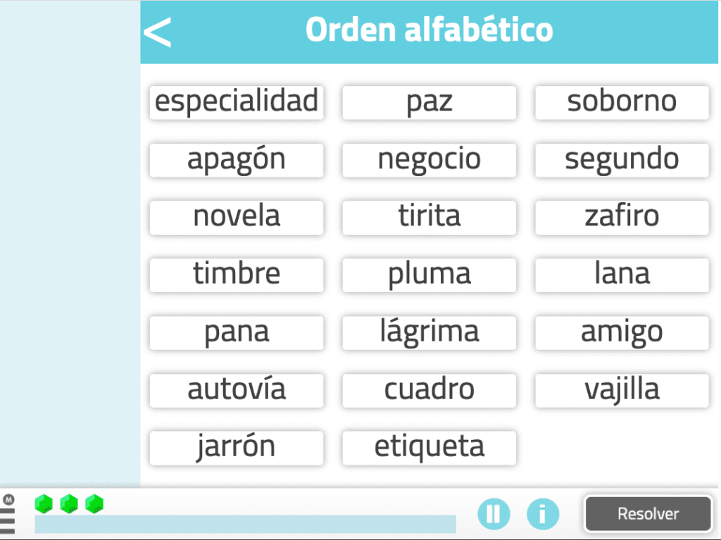 Actividad de NeuronUP  para intervención en personas con síndrome de Down "orden alfabético"