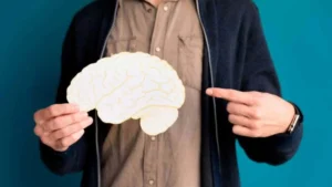 Persona che indica una sezione a forma di cervello, vestita con camicia chiara e maglione scuro, fronte blu solido.