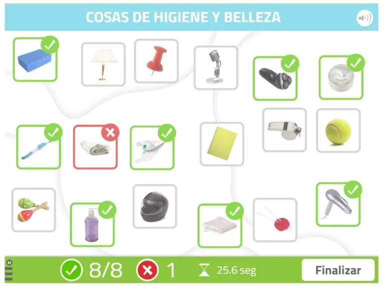 Actividad de NeuronUP de estimulación cognitiva para discapacidad intelectual "selecciona elementos de una categoría"