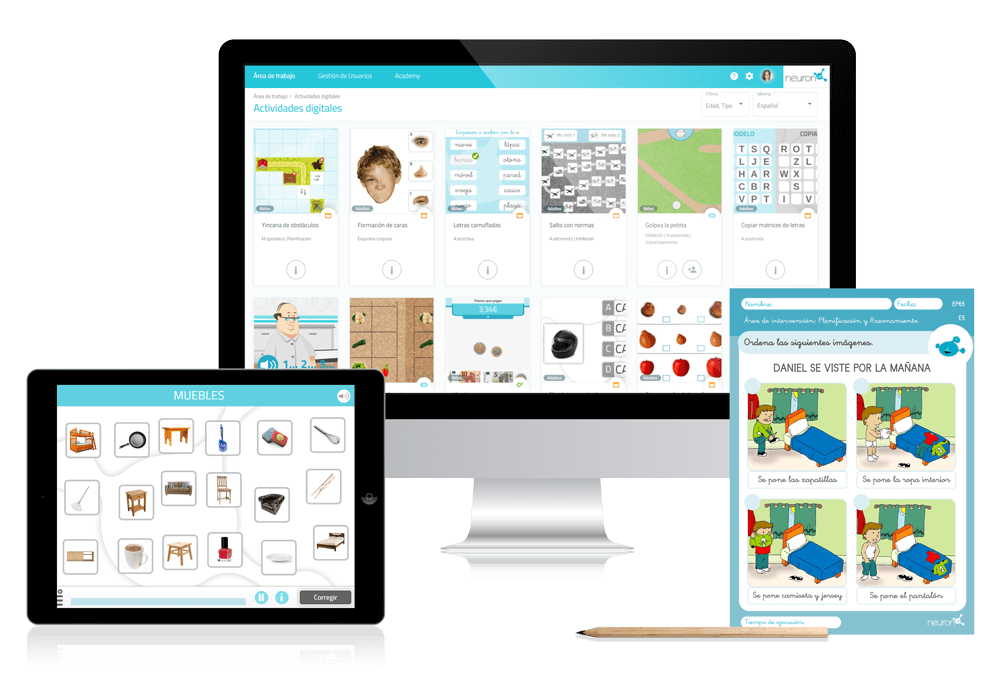 Interfaccia educativa su monitor e tablet con varie attività; foglio stampato con Daniel e domande.