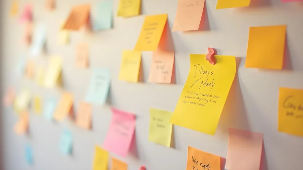 Parete coperta di post-it colorati (giallo, rosa e arancione) per organizzare idee e compiti, con una nota in evidenza che sembra dire 'Il Menu di Tilly'.