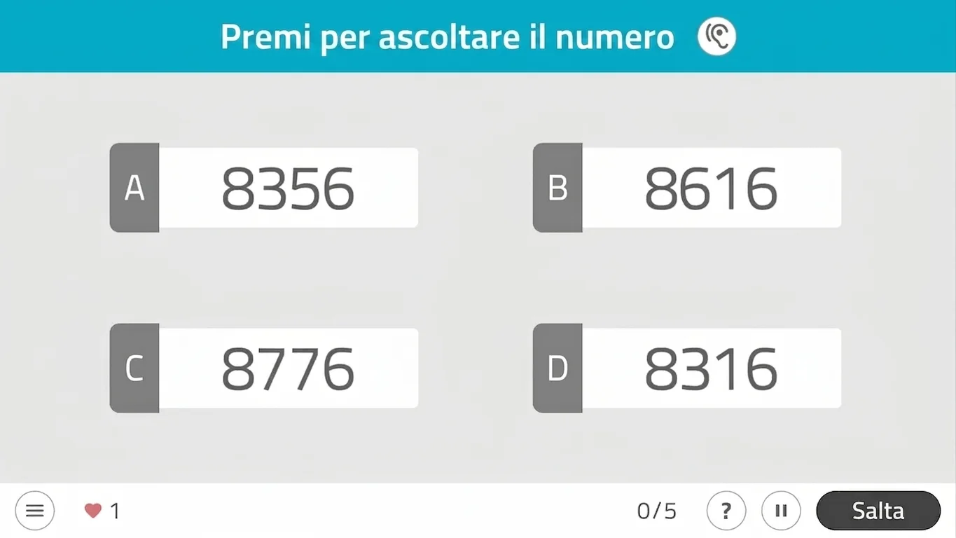 Interfaccia di NeuronUP: discriminazione dei numeri con quattro riquadri 8356, 8616, 8776, 8316; pulsante ascolta e contatore 0/5.