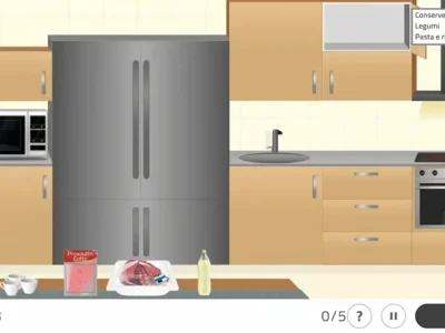 Interfaccia di NeuronUP con l'attività di ordinare la cucina: tessere degli utensili allineate per completare la sequenza corretta.