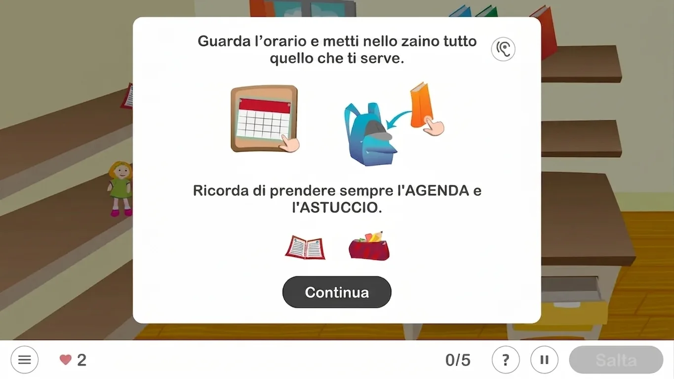 Interfaccia di NeuronUP che mostra un compito per preparare lo zainetto in un'aula, con scaffali e un personaggio animato.