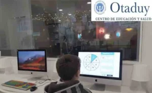 Bambino di fronte a un computer con due monitor, uno con grafico circolare; sfondo con Otaduy Centro di Istruzione e Salute.