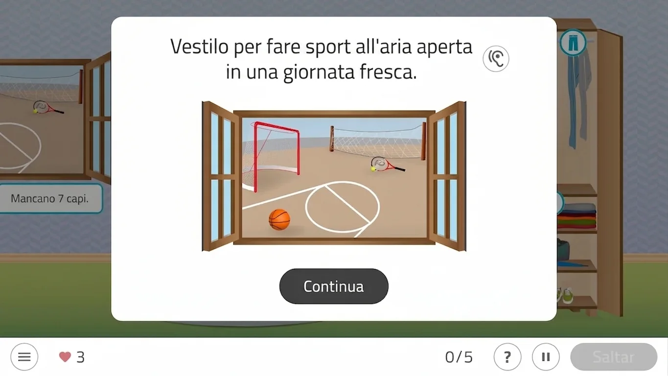 Interno con finestra su un'area sportiva esterna; campo da basket e porta, messaggio per vestirsi, persona anziana esegue esercizi di vestirsi e mobilità a casa.