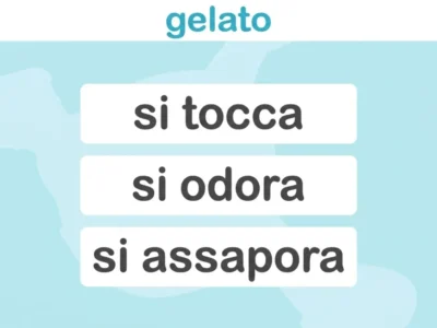 Scheda educativa sulla memoria semantica per bambini: la parola 'gelato' appare in alto e vengono mostrate le azioni: si tocca, si odora e si gusta, su uno sfondo blu.