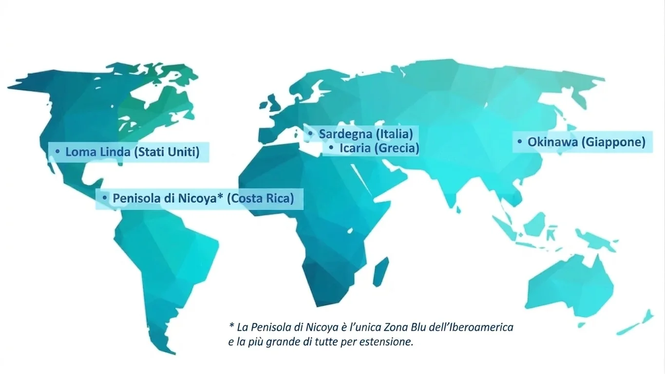 Mappa mondiale che evidenzia le Zone Blu: Loma Linda, Sardegna, Icaria, Okinawa e Nicoya; toni blu e verdi.
