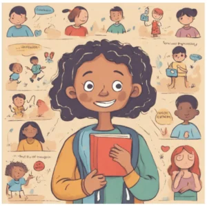 Ragazza sorridente al centro tiene un libro, circondata da illustrazioni colorate di emozioni, amicizia ed empatia.