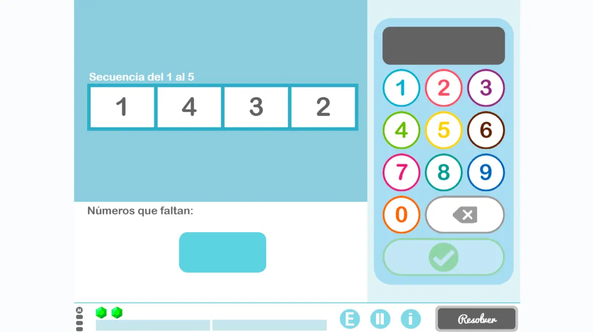 Interfaccia di un gioco educativo per l'attenzione sostenuta: cinque caselle numeriche, tastiera 0-9 e pulsanti conferma.