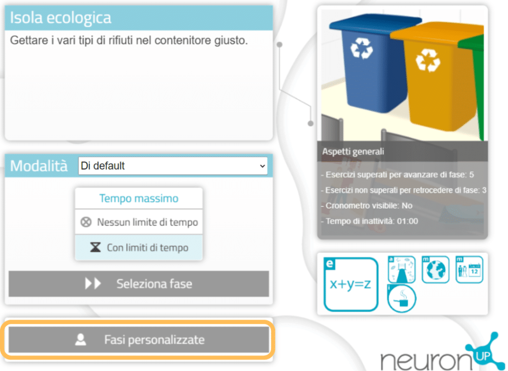 Personalizzare le attività con NeuronUP. Scegliete e aprite un'attività (generatore o gioco)