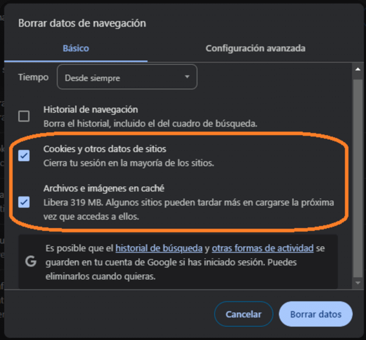 Schermata di impostazioni del browser per cancellare cookie, dati e cache; evidenzia spazio liberato 319 MB e conferma.