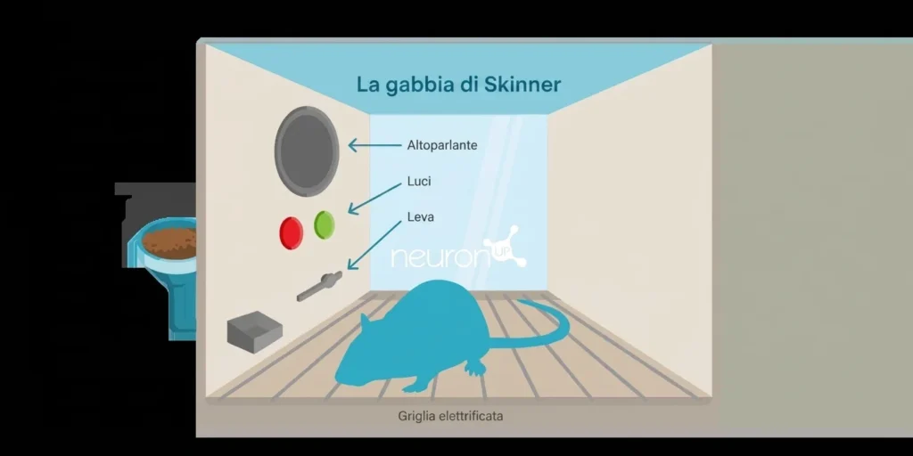 Ilustración de una caja de Skinner con altavoz, luces, palanca y comedero, en entorno de neurorrehabilitación cognitiva.