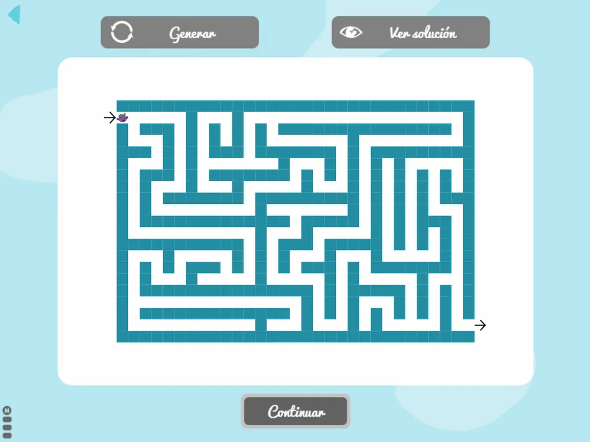 Labirinto stilizzato blu con percorsi e vicoli ciechi; frecce indicano ingresso a sinistra e uscita a destra, pulsanti per nuova soluzione in alto.
