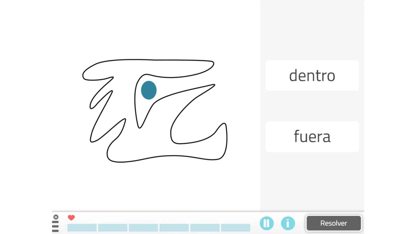 Figura stilizzata con contorni neri e cerchio blu al centro, parole dentro/fuera a destra e barra di controllo sotto con pulsanti.