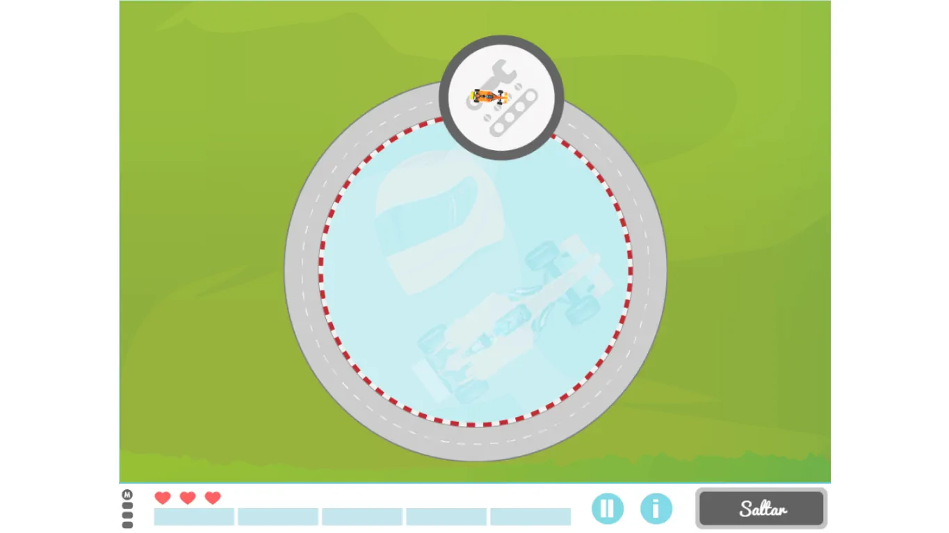 Interfaccia di gioco educativo: area circolare con bordo rosso, icona attrezzo in alto, vite e pulsanti in basso, sfondo verde.