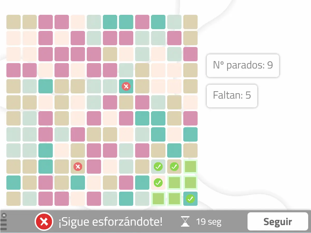 Interfaccia Colori in Movimento: griglia di colori con X rosse (ferme) e spunte verdi (completate), timer.