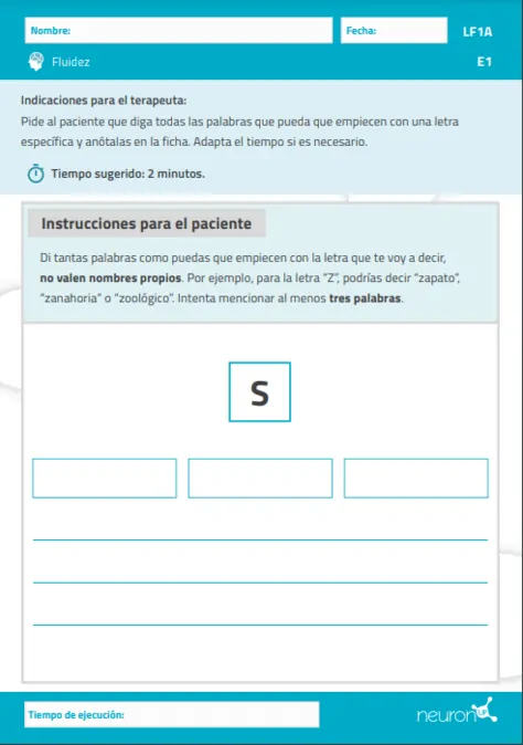 Foglio di istruzioni per il terapista: parole che iniziano con la lettera S, intestazione del paziente, data e codice LF1A E1; spazio per le parole.