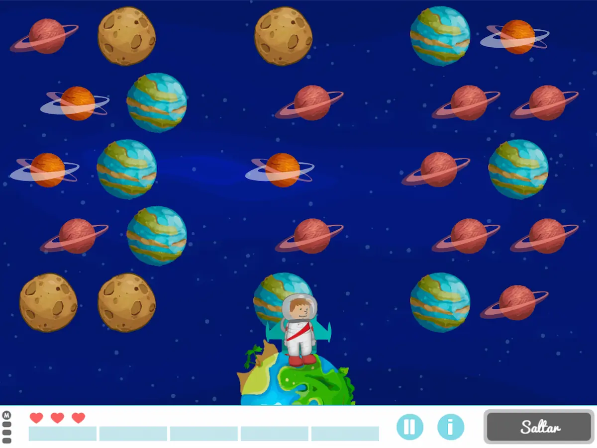 Illustrazione spaziale animata: astronauta su Terra, pianeti e lune colorati, sfondo stellato e controlli di gioco in basso.