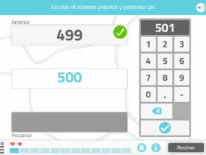 Interfaccia di un'app di riabilitazione: caselle numeriche; Anterior 499 con spunta verde, 500 sotto, tastiera numerica.