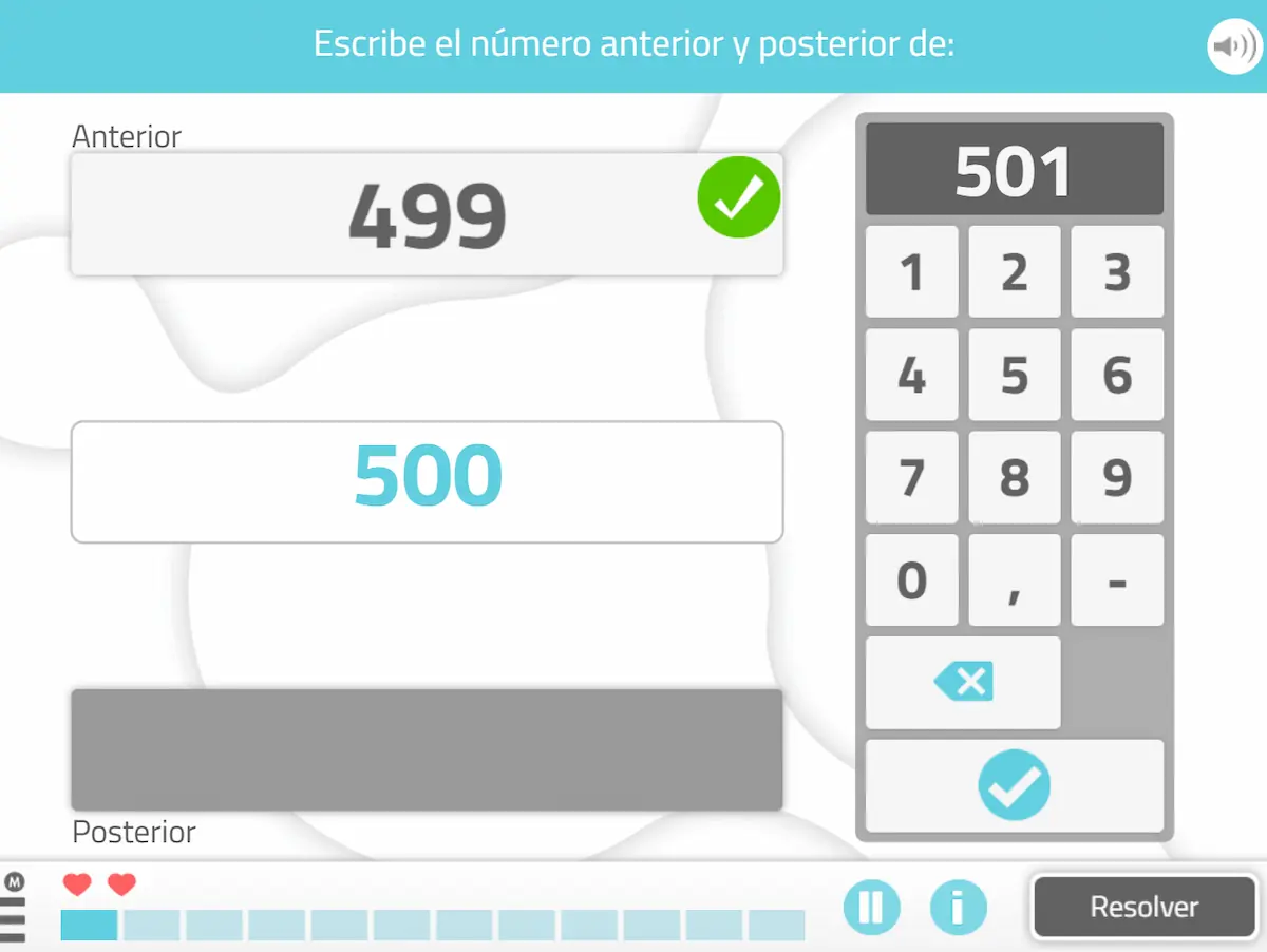 Interfaccia di un'app di riabilitazione: caselle numeriche; Anterior 499 con spunta verde, 500 sotto, tastiera numerica.