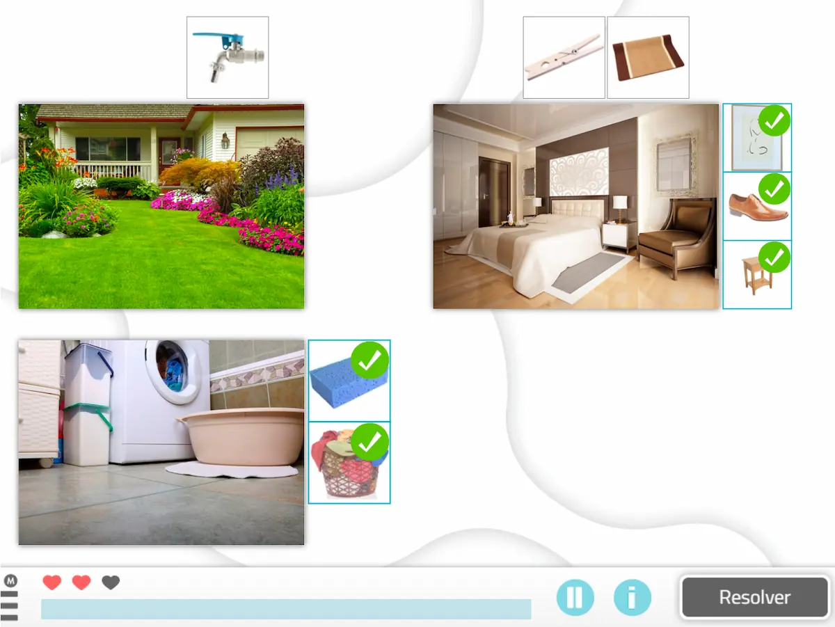 Collage di ambienti domestici: giardino fiorito, camera, lavanderia e accessori casa; segni di progresso in basso.