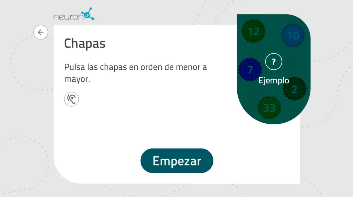 Interfaccia educativa NeuronUP con titolo 'Chapas', istruzione per ordinare chapas numerate in ordine crescente, pulsante Empezar e icona di aiuto.