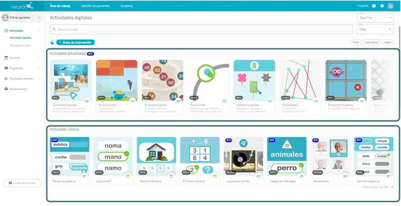 Interfaccia di un software per attività cognitive: filtraggio in alto, menu laterali e icone di giochi al centro.