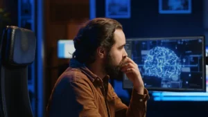 Uomo barbuto di fronte a un computer, schermo blu con grafico del cervello, ambiente moderno e tecnologico.