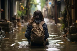 Persona vista di spalle, capelli mossi e zaino, seduta in una zona allagata; acqua torbida, detriti e sfondo urbano.